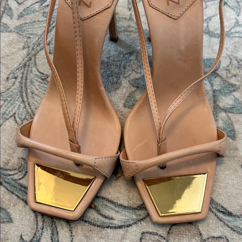 SCHUTZ Nude Tan Leather T-Strap Sandals with Gold Accent - Picture 2 of 6